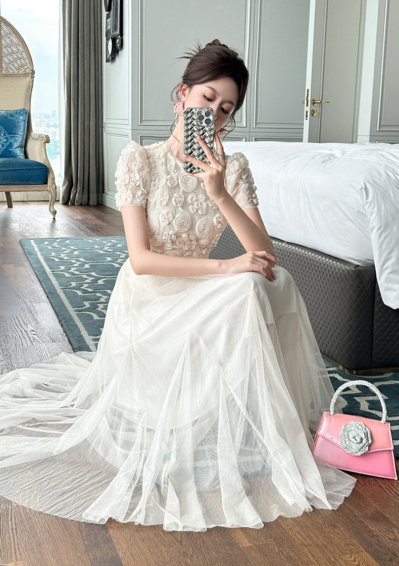 Đầm suông nữ tay ngắn cổ tròn chất liệu lưới voan phối ren nổi 3D — [Hồng], [Mơ] chi tiết 9