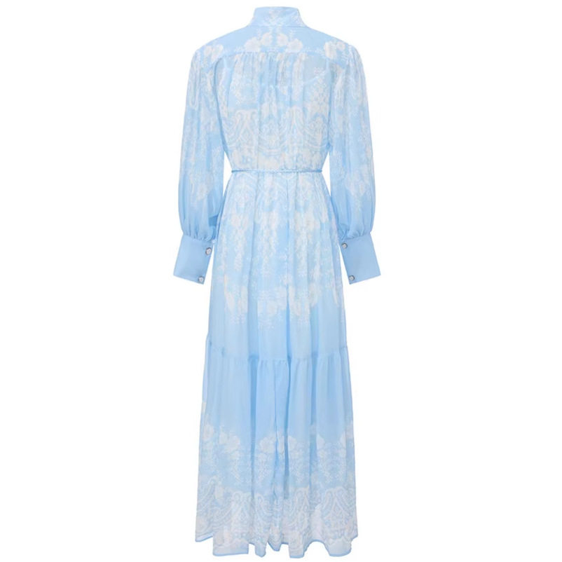 French Collar Lantern Sleeve Printed Dress for Women Summer Long Sleeve Waist Defined A Line Vacation Style