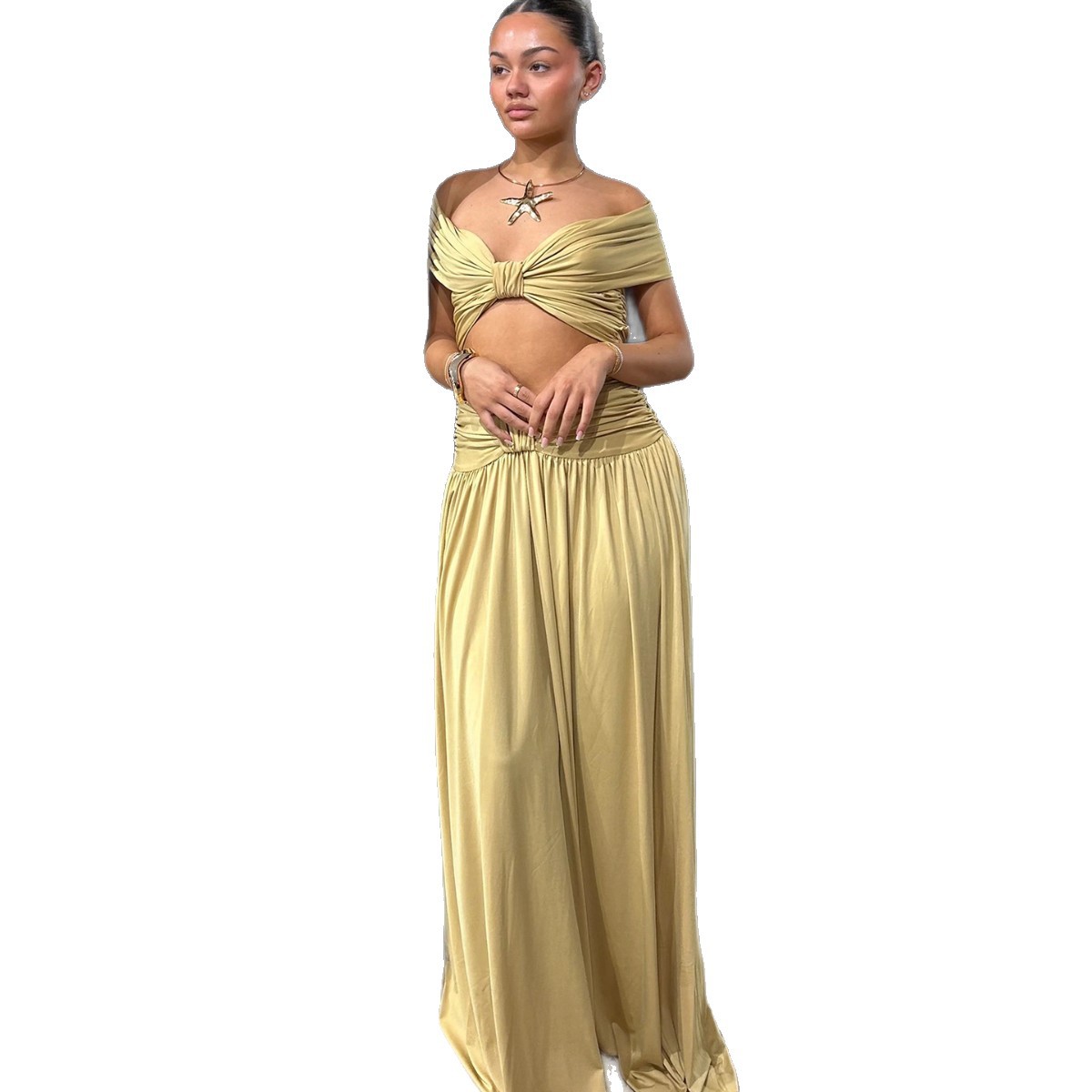 French Style Off Shoulder Crop Top and Ruched Maxi Skirt Set Spring Collection Sexy Vacation Ready Wholesale Available