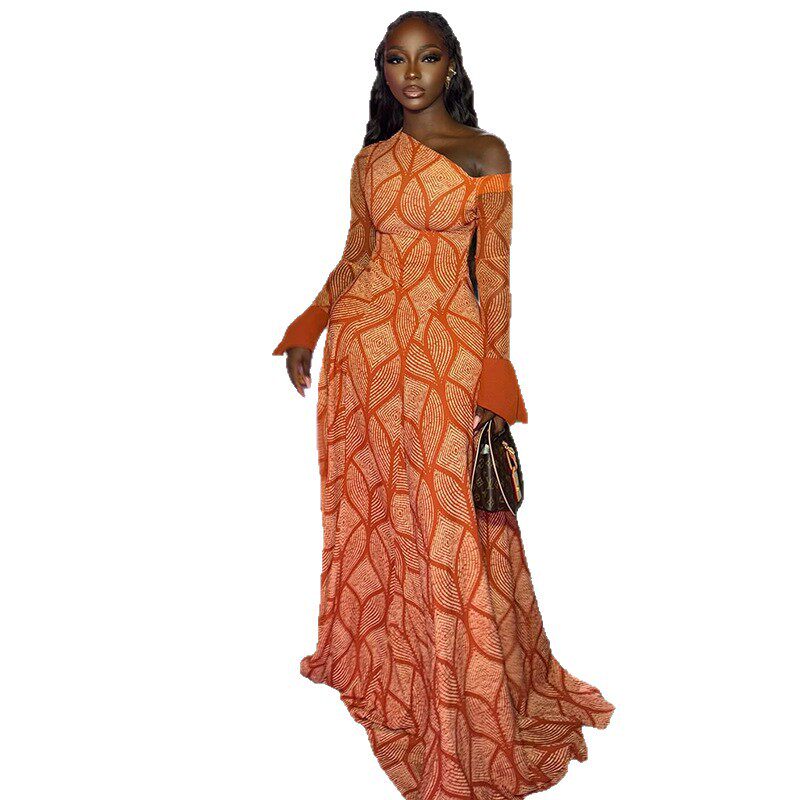 A Line Floral Print Dress Comfortable Fit One Shoulder Long Sleeve Casual Workwear or Daily Wear Wholesale Available