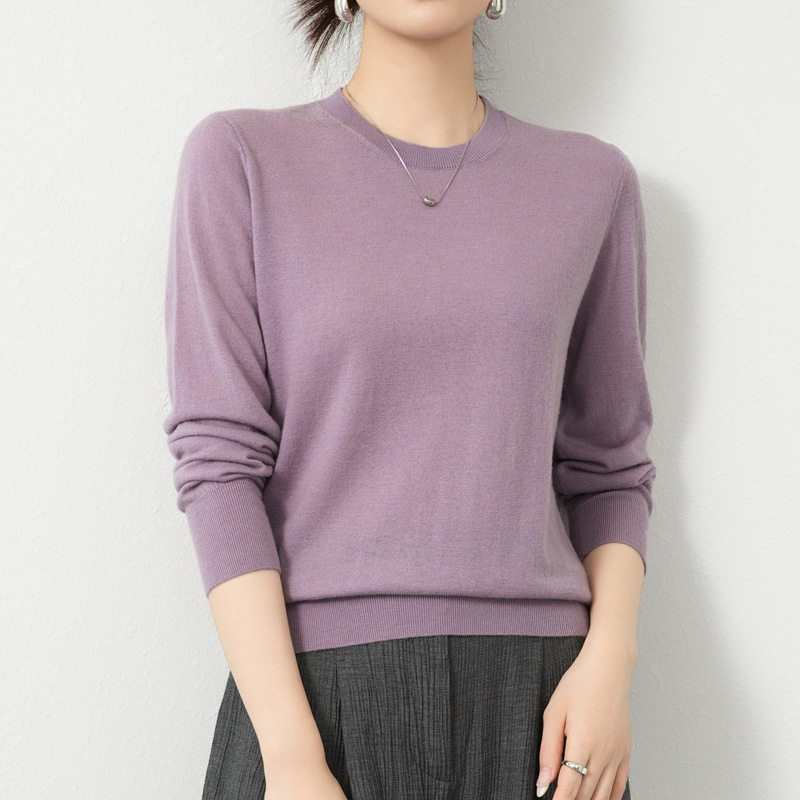 美丽诺精纺超细100纯羊毛衫女士薄款圆领套头毛衣内搭针织打底衫
