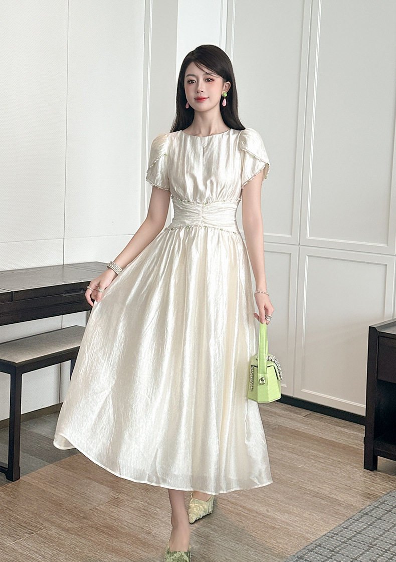 Đầm maxi nữ cổ tròn tay bồng phong cách Pháp — [Màu hồng đào] chi tiết 8