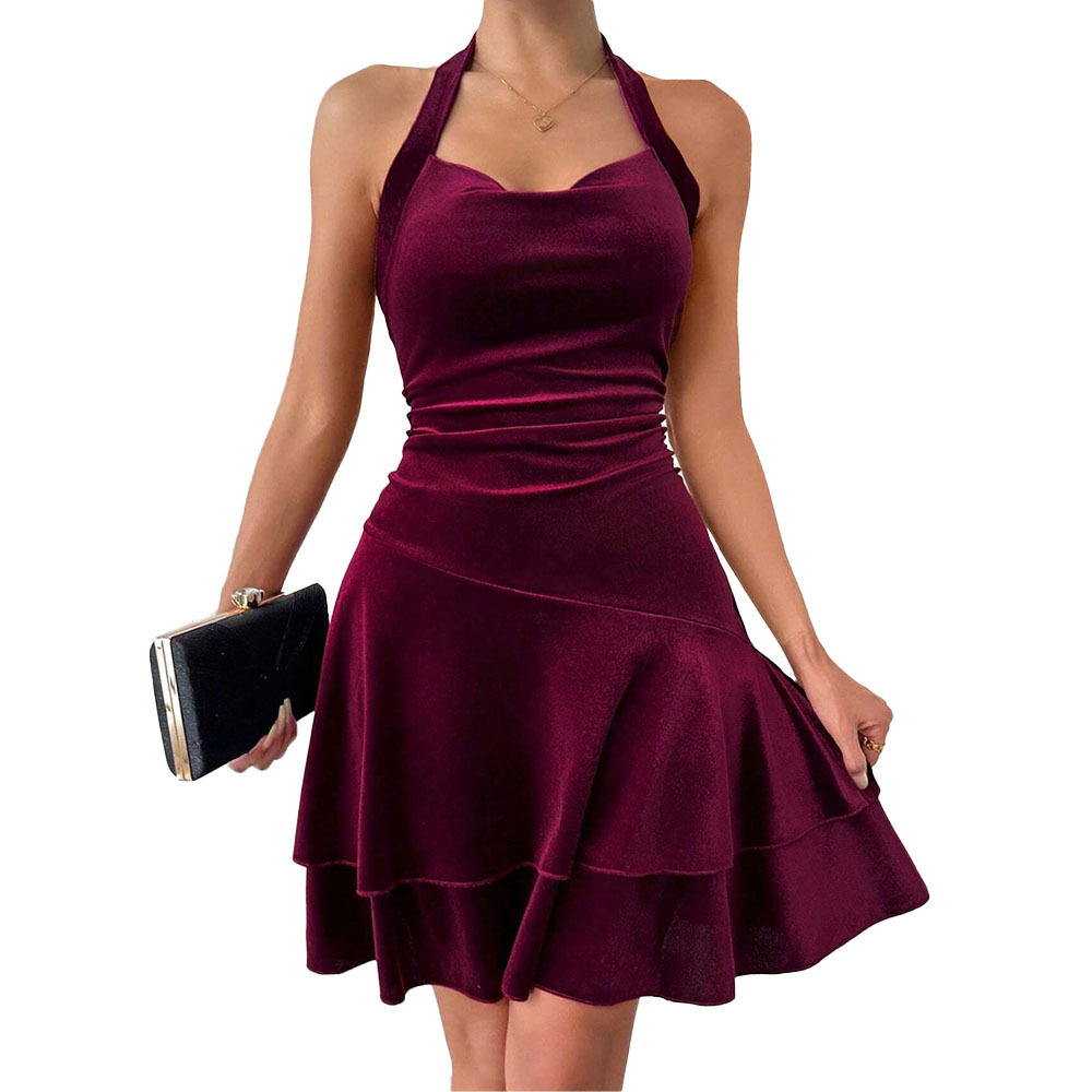 Velvet Halter Mini Dress Sexy Elegant Comfortable Spring Summer Party Wear Wholesale Available