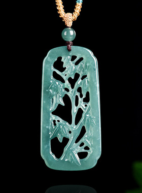 天然a货翡翠蓝水镂空竹节竹牌吊坠冰种玉石意境国风挂件项链玉坠