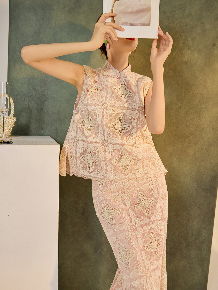 Bộ vest gile cổ cao thêu hoa kèm chân váy dài nữ phong cách thanh lịch — Váy hồng sương đào (giao hàng trong 7 ngày), Váy hồng sương đào (giao hàng trong ngày), Áo vest màu hồng sương đào (giao hàng trong 7 ngày), Áo vest màu hồng sương đào (giao hàng trong ngày)