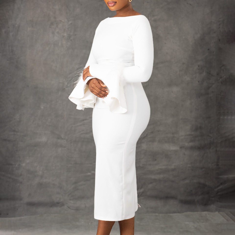 Fashionable Solid Color Bodycon Dress with Flared Sleeves Womens Winter Collection Office Wear Wholesale Available
