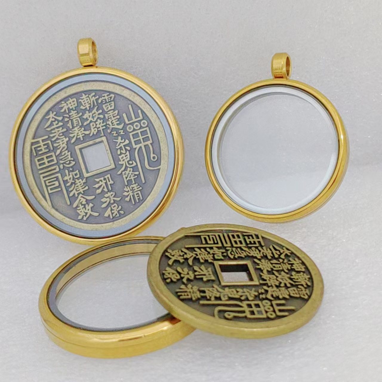 Personalized design gabu box pendant mountain ghost flower coin protective shell copper gold coin round outer frame pendant single pendant