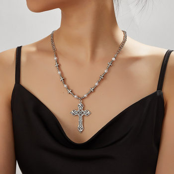 Cross-Border European and American Niche Clavicle Chain Retro Cross Pendant Beaded Necklace Short Chain Necklace Simple Street Style