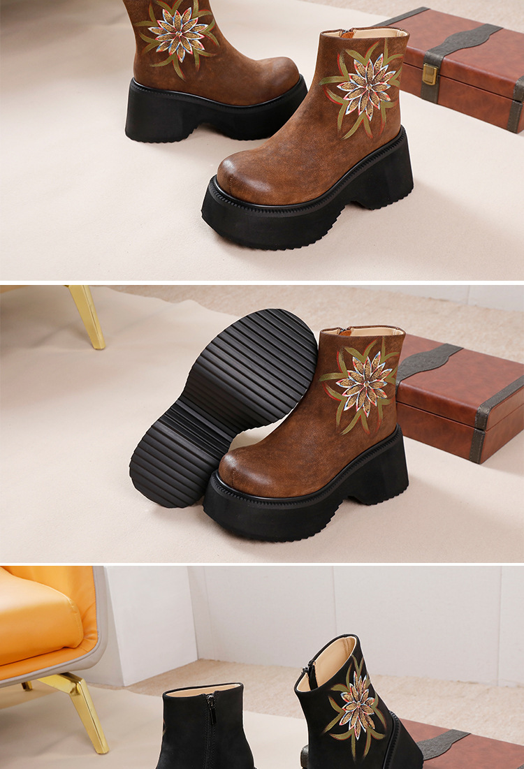 Boot nữ cổ thấp da bò thật thêu hoa gót cao — Màu cà phê, Màu đen