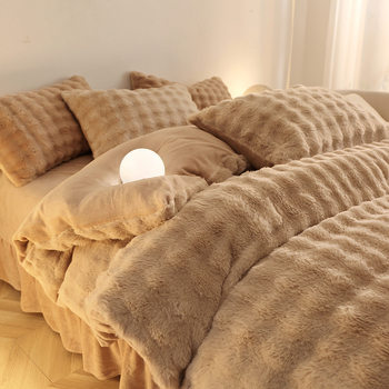 Class a Rabbit Plush Milk Velvet Four-Piece Winter Warm Thickeneded Bed Bed Sheets Quilt Cover Coral Velvet Bedding 4-Piece Set
