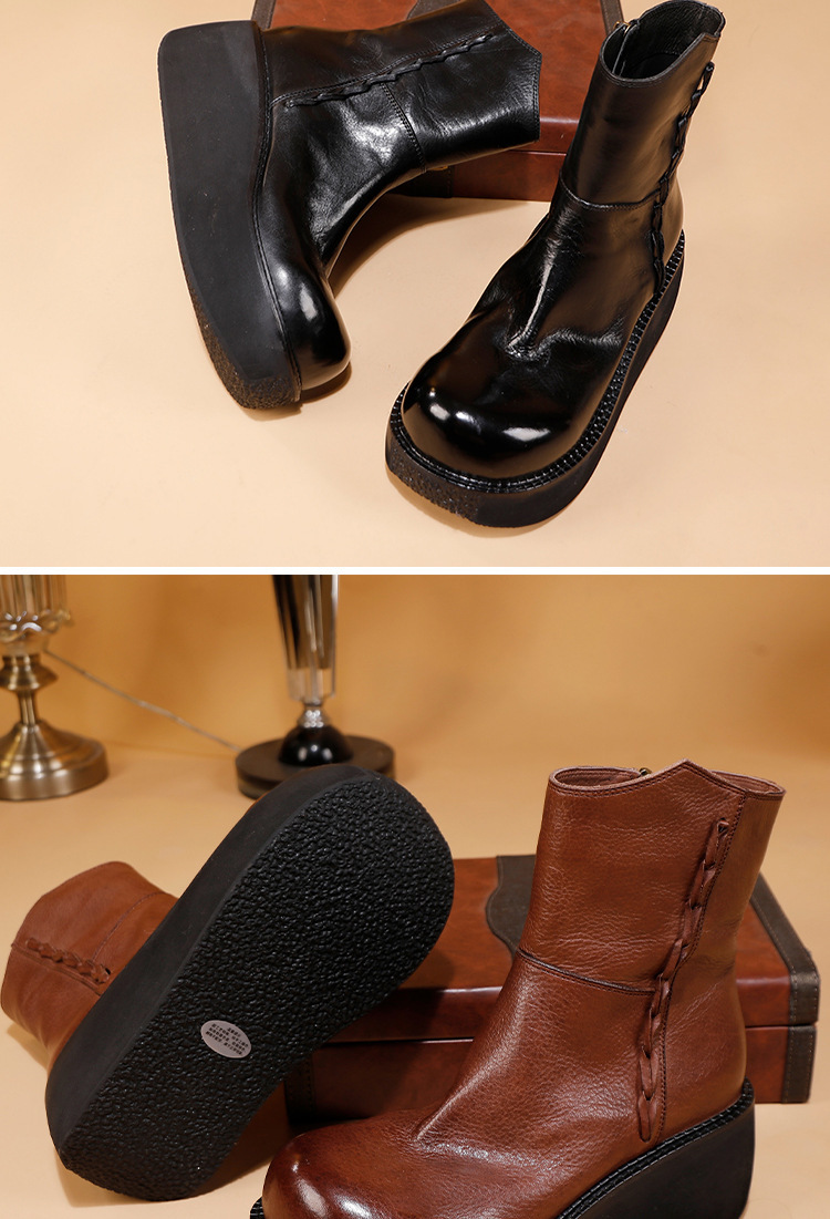 Boot nữ cổ thấp da bò thật đế dày gót nêm khóa kéo bên — màu đen, Màu nâu