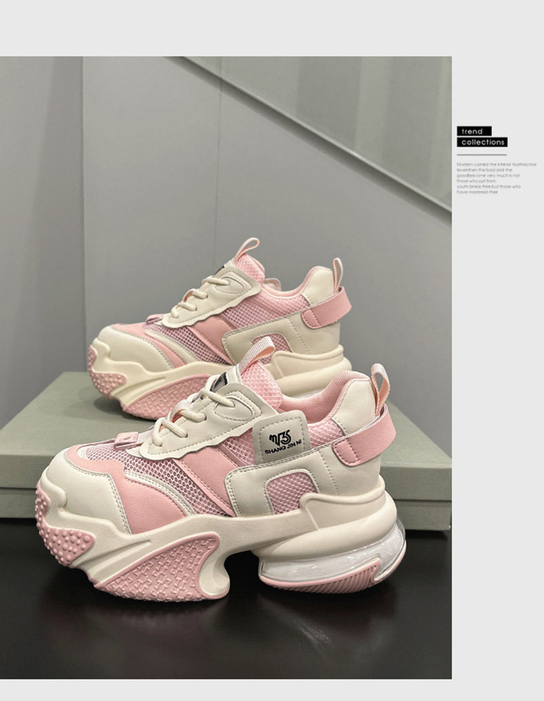 Giày sneaker nữ chunky đế dày da bò thật phối lưới thoáng khí, gót siêu cao 8 cm, tăng chiều cao — Trắng, đen, Xám, Hồng chi tiết 13