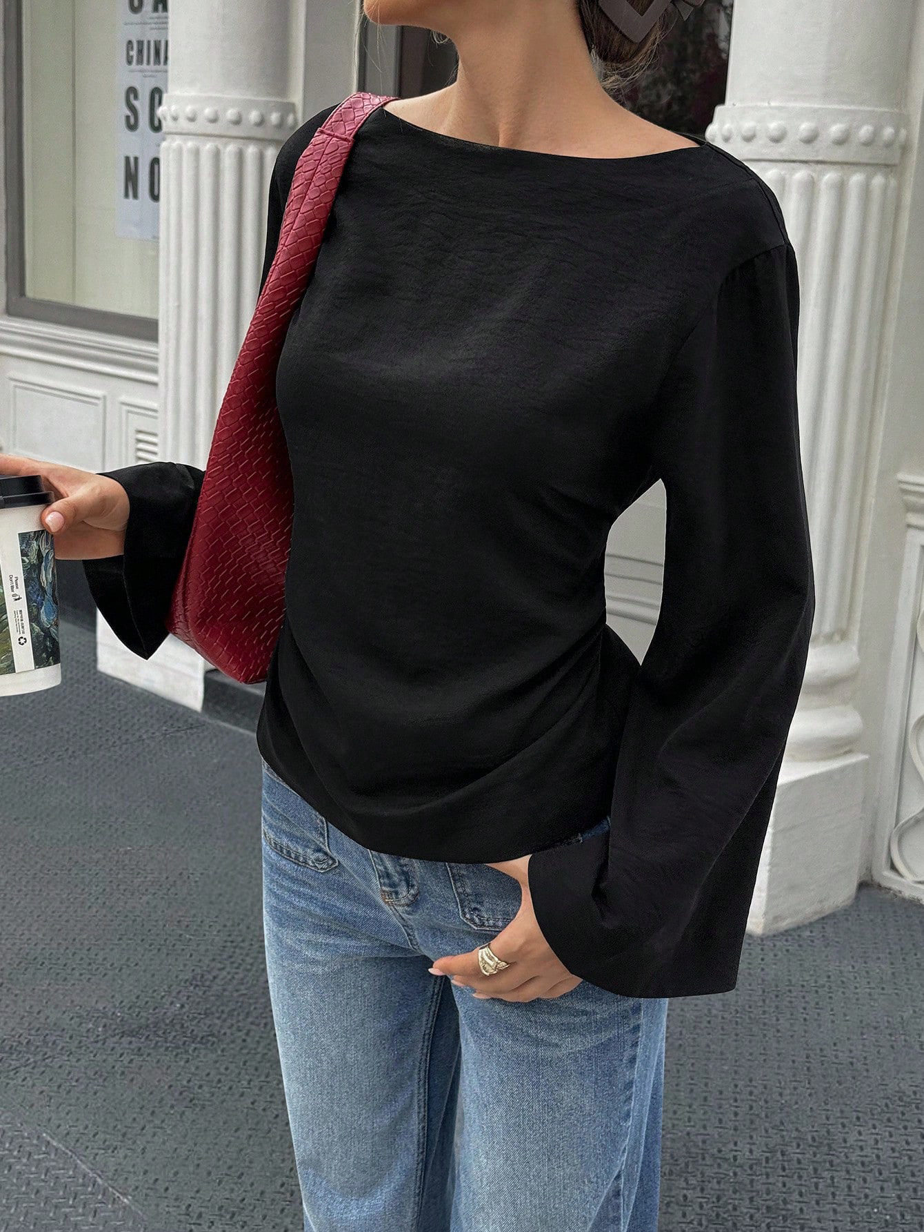 Womens Flared Sleeve T Shirt Back Tie Design Slim Fit Elegant Style Perfect for Casual Outings Wholesale Available