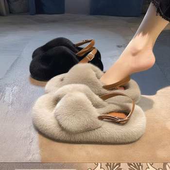 Furry Slippers for Women to Wear Outside 2025 New Autumn and Winter Thick-Soled Furry Slippers with Soft Soles for Pregnant Women with Straps on the Back