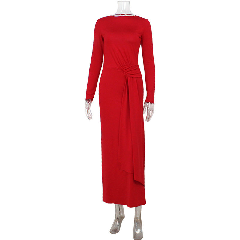 Elegant Long Sleeve Maxi Dress Round Neck Open Back Waist Tie Slim Fit Evening Wear Red Carpet Ready Wholesale