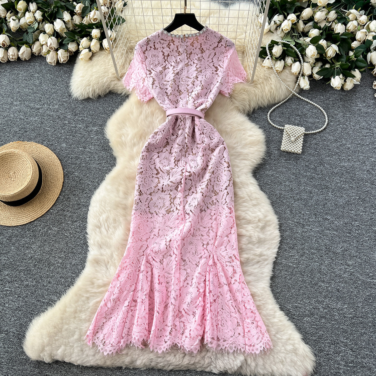 Luxury Lace Dress Rhinestone Embellished Short Sleeve Fishtail Design Elegant Evening Gown for Special Occasions