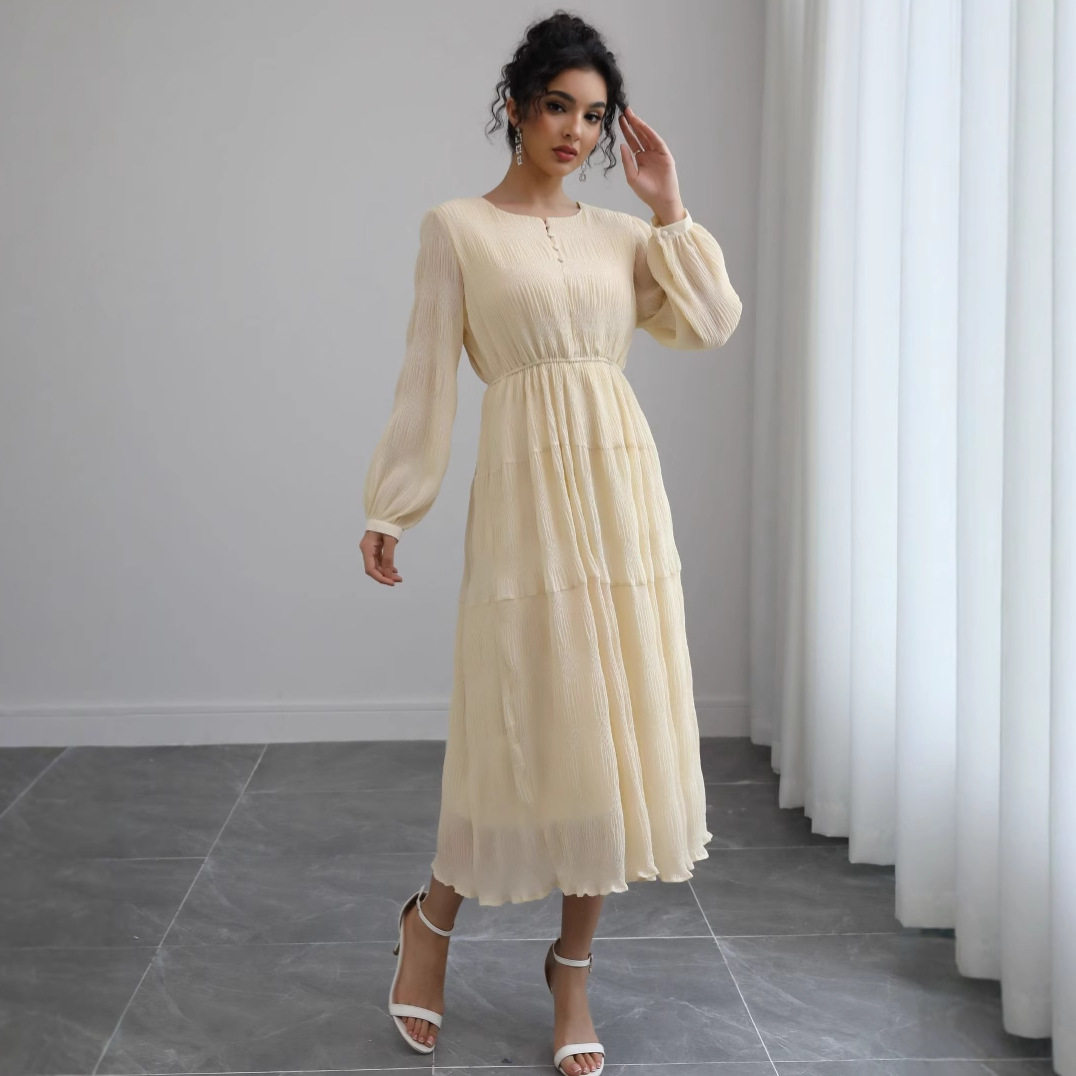 French Puff Sleeve Long Sleeve Dress Elegant Style Soft Fabric Autumn Colors Perfect for Tea Parties or Casual