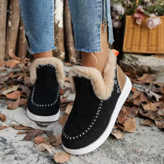 2024 Europe and the United States new winter foreign trade women's cotton shoes cross-border plus size fleece-lined thick fur warm flat cotton shoes