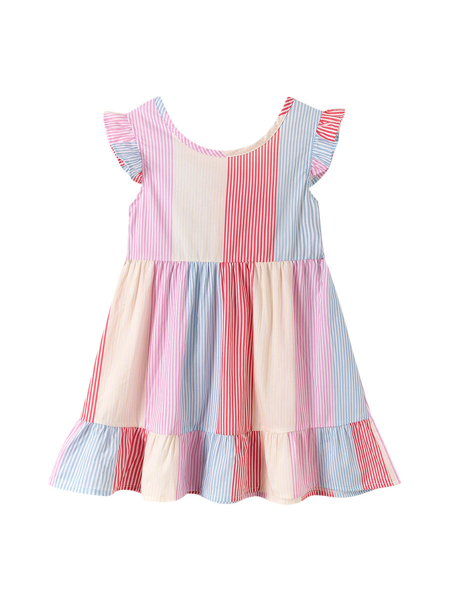 Girls' Summer Short-Sleeve Bow Striped Dress, Style Baby Dress