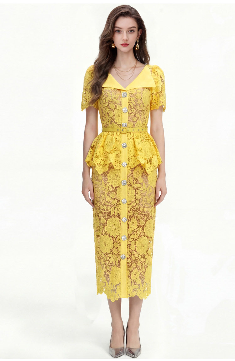 Vintage Style Summer Dress for Women Short Sleeve Doll Collar Beaded Slim Fit Lace Embroidery Elegant Evening