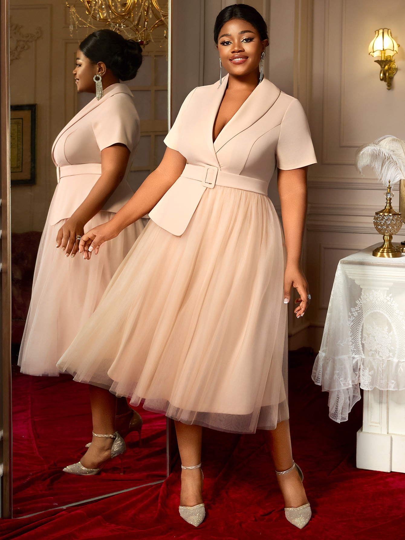 ladylike style small fragrant dress dress Slim slim suit skirt belt A swing mesh dress