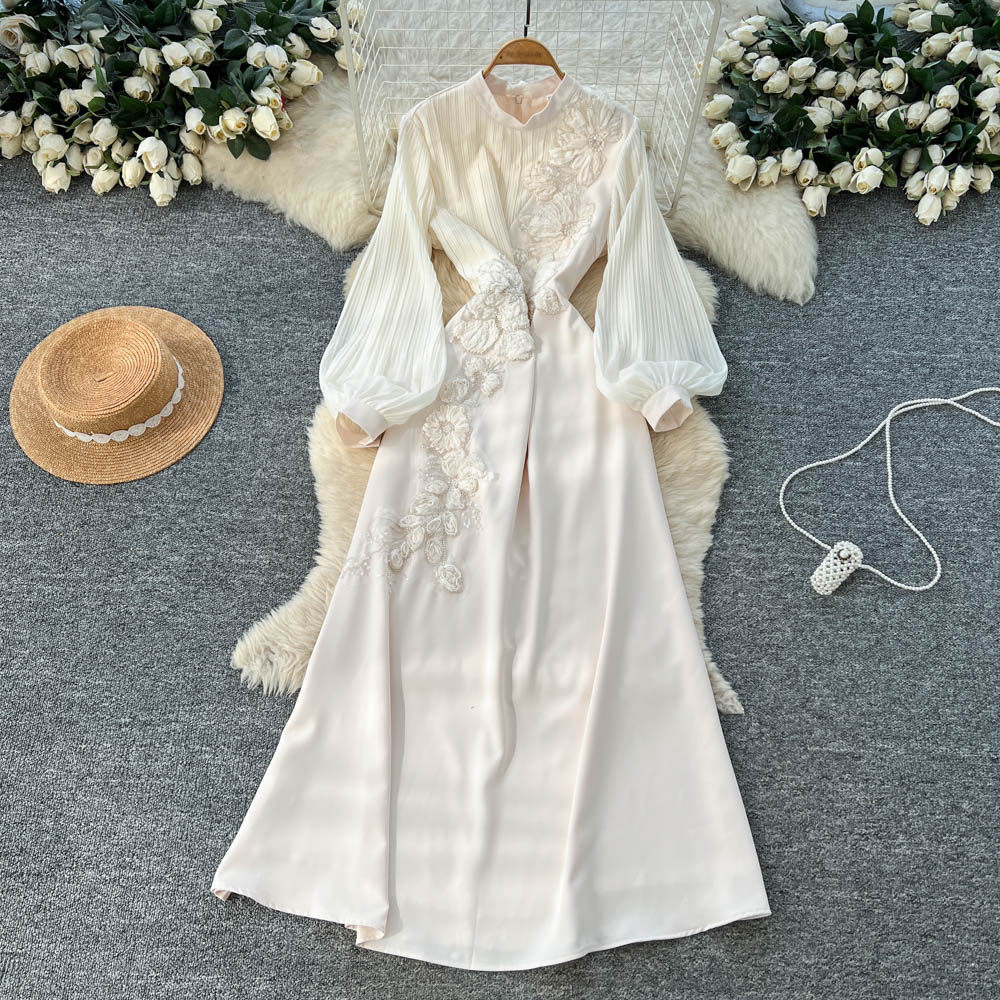 French Style Long Sleeve A Line Dress Embroidered Floral Design High Waist Flared Sleeves Elegant for Parties and