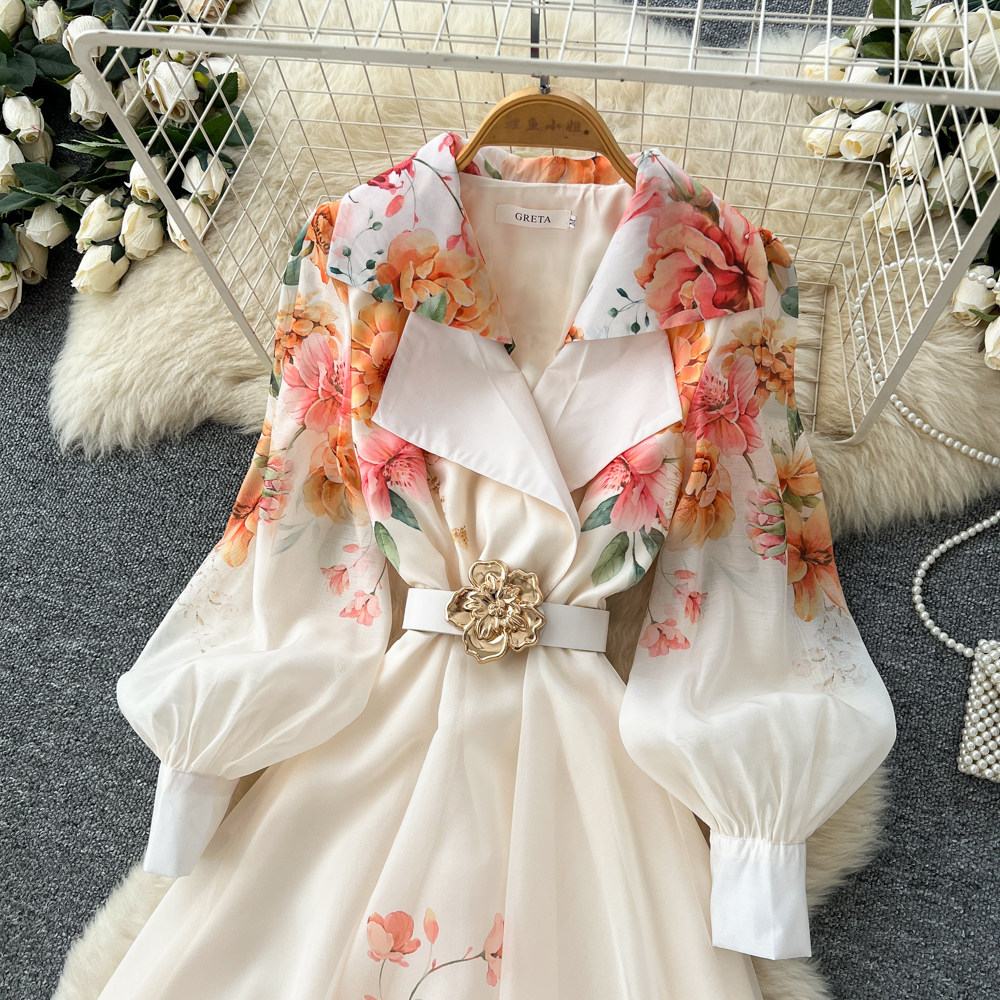 Vintage Elegant Floral Print Belted Dress Long Sleeve A Line Silhouette Waist Tie Office Wear Casual Outing