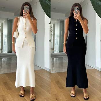 Cross-Border Foreign Trade Summer Women's Fashion Slim Vest Solid Color Slim Hip-Covering Two-Piece Knitted Long Skirt Suit for Women