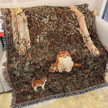 Retro Oil Painting Style Cartoon Cat Blanket Jacquard Knitted Cotton Thread Blanket Sofa Blanket Single Cover Blanket Wall Tapestry
