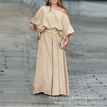LZR17988 New Open Shoulder Lantern Sleeve Loose Top suit Wide Leg Pants 2-Piece Set-No Belt