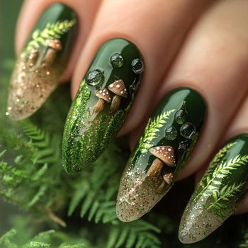 Cross-Border Green Deep Forest Mushroom European and American Wearable Manicure Nails Removable Fake Nails Wholesale
