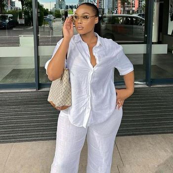 European and American Clothing Suit, Short-Sleeved Lapel, Slim Shirt, Trousers, Simple Wide-Leg Trousers, African Two-Piece Set for Women