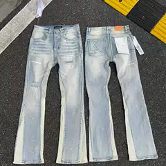 Cross-Border Wholesale Pu American High Street Style Ripped Patch Trendy Retro Straight-Leg Jeans Direct Supply from Foreign Trade