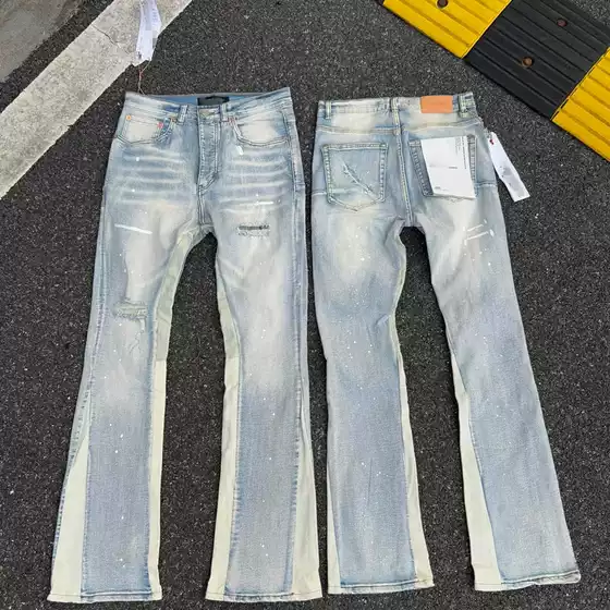 Cross-Border Wholesale Pu American High Street Style Ripped Patch Trendy Retro Straight-Leg Jeans Direct Supply from Foreign Trade
