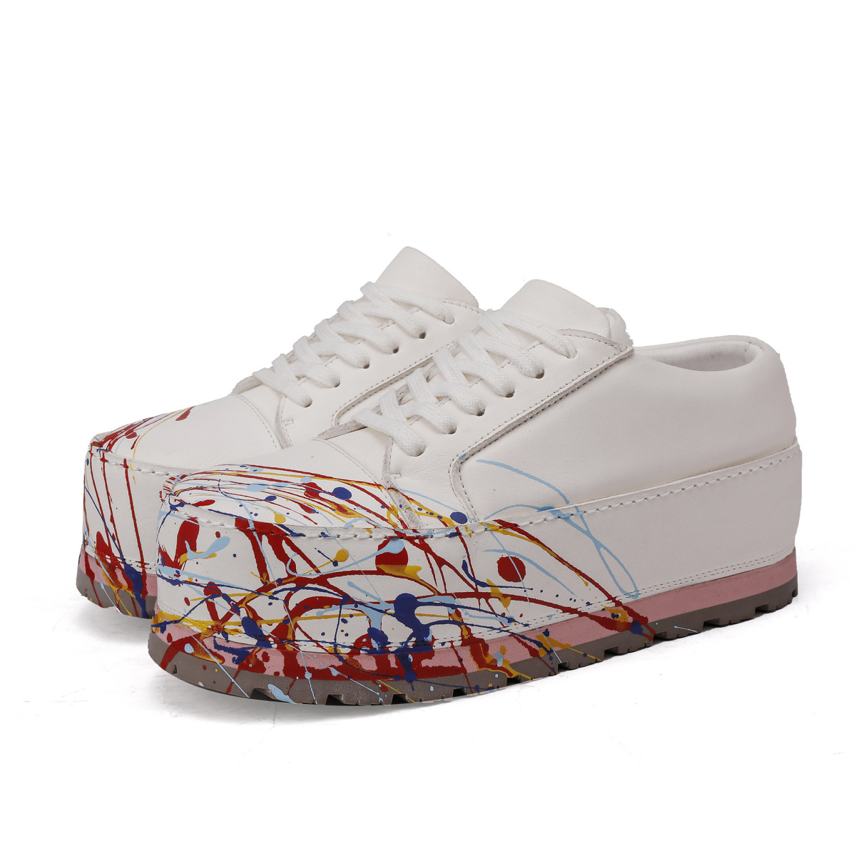 Giày sneaker nữ mũi tròn thắt dây đế dày tăng chiều cao — Màu trắng, màu xám