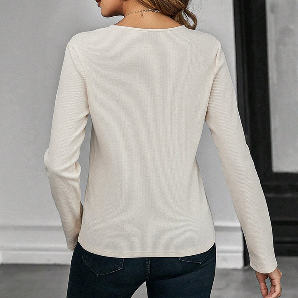 Womens Fitted Long Sleeve T Shirt Waffle Fabric Solid Color Elegant Style Spring Summer Casual Wear Wholesale
