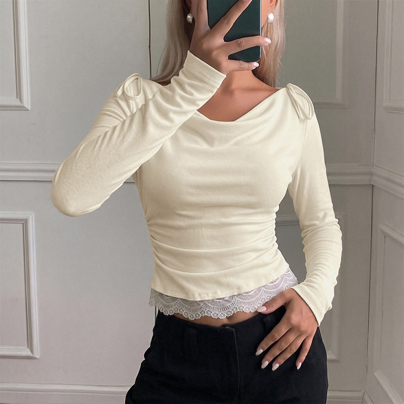 Korean Style Long Sleeve Lace Top Soft Solid Color Drawstring Neckline Casual Wear for Spring Fall Wholesale Available