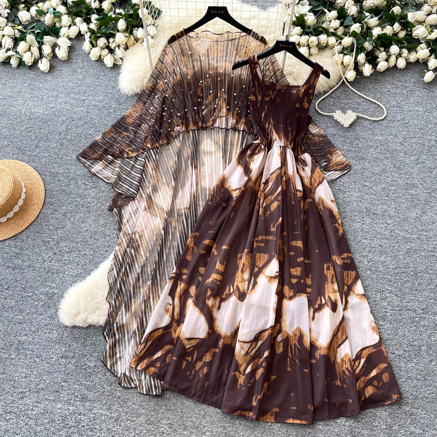 French Style Floral Print Dress Three Quarter Sleeve Waist Defining Slim Fit Beaded Details Summer Casual or Office