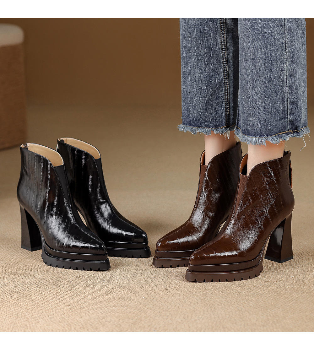 Boot nữ cổ thấp mũi nhọn gót thô đế dày da bò khoá kéo phía sau — Lớp lót đơn màu đen, Lớp lót đơn màu nâu, Lót nhung đen, Lót nhung màu nâu