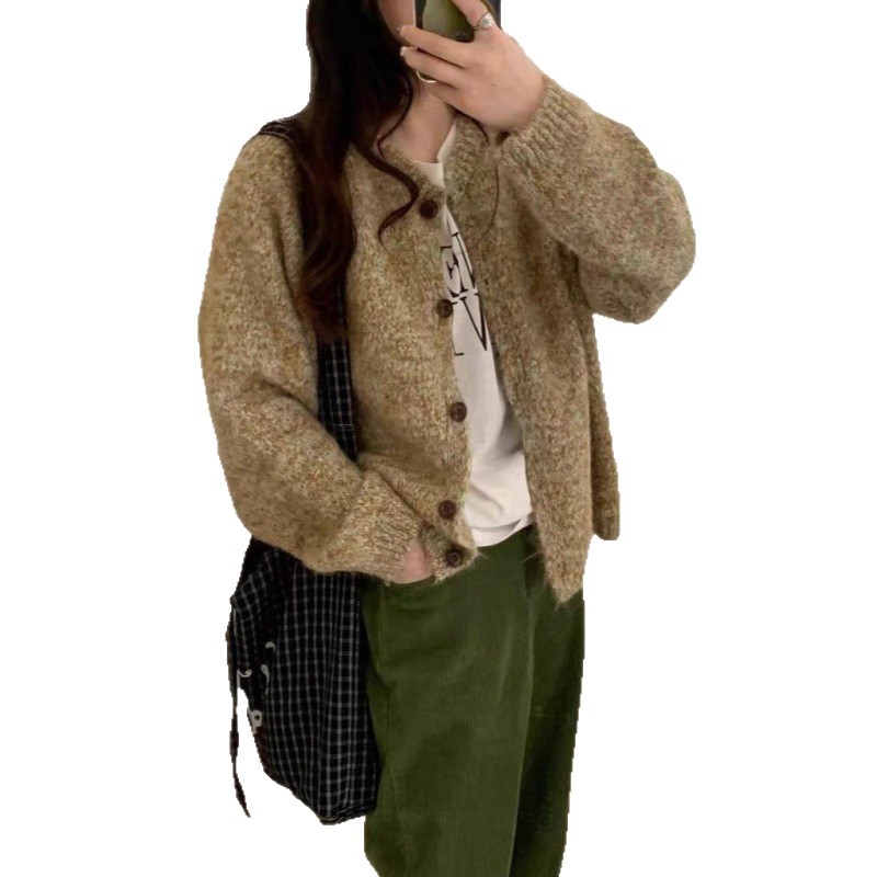 韩系高级感紫色针织外套女2025秋冬新款软糯宽松圆领女装毛衣开衫