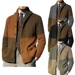 Cross-Border Men's Knitted Cardigan Color-Block Sweater with Lapel Collar, European and American Trendy Brand Fashion Loose Sweater for Men Factory