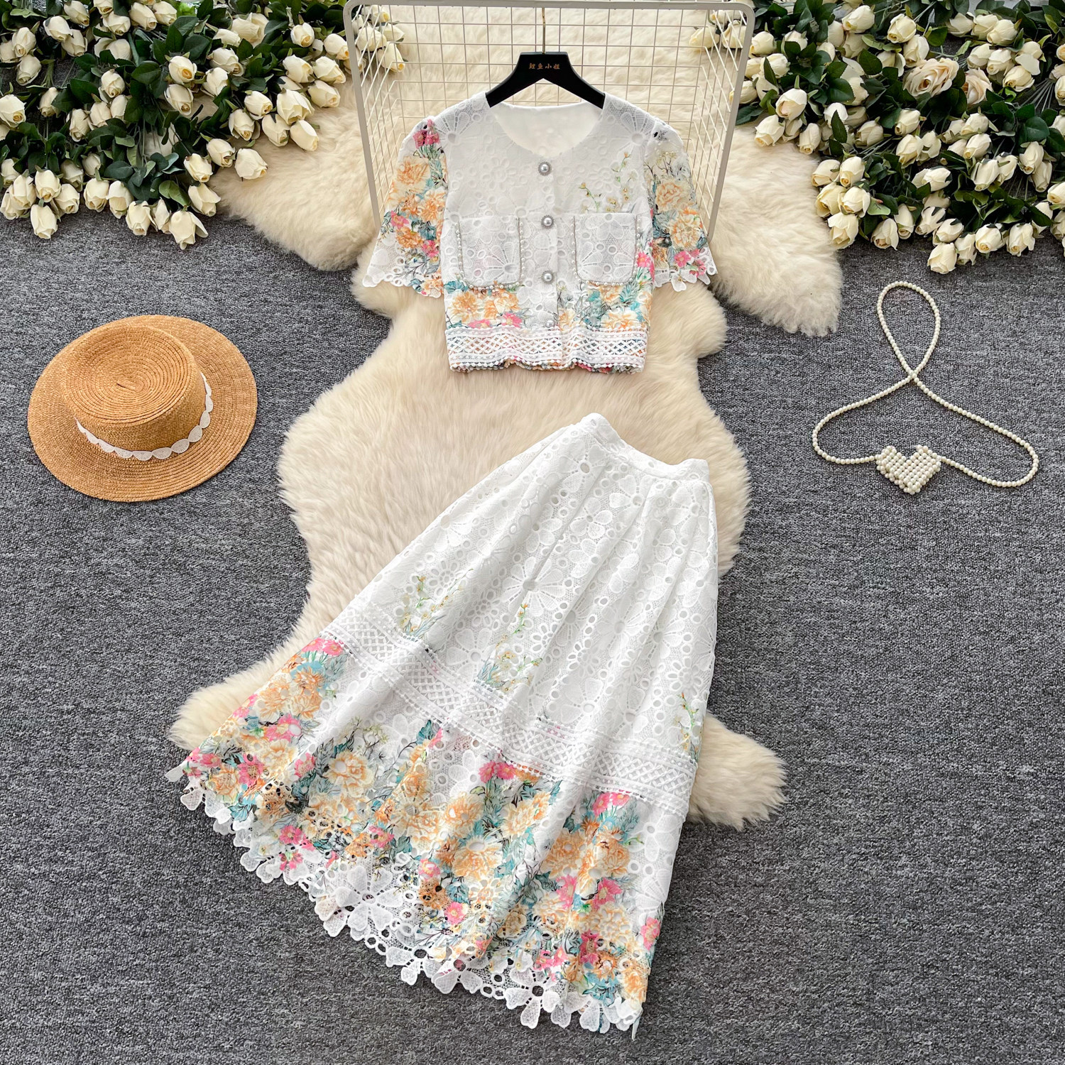 Elegant Womens Two Piece Set Embroidered Lace Top High Waisted Skirt Summer Fashion for Special Occasions Wholesale