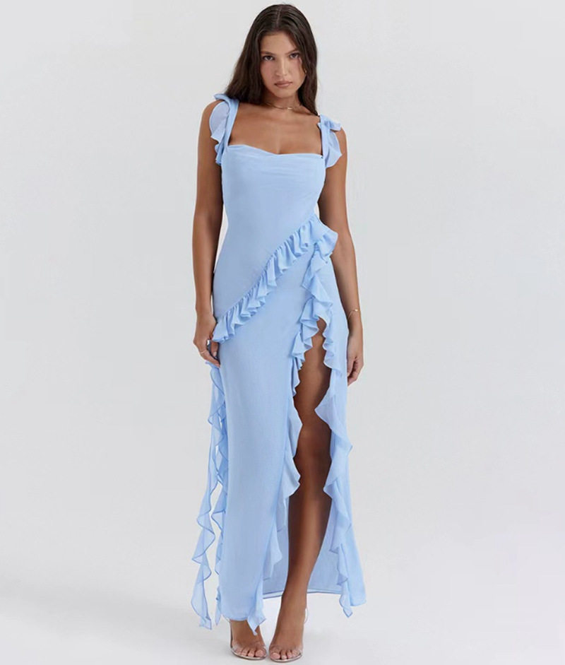 Womens Elegant Split Hem Dress Ruffle Trim Fashionable Sexy Autumn Collection Wholesale Available