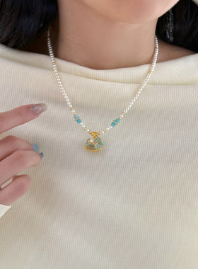 原创珍珠多巴胺滴油珐琅绿色木马项链轻奢小众手链耳环锁骨链女