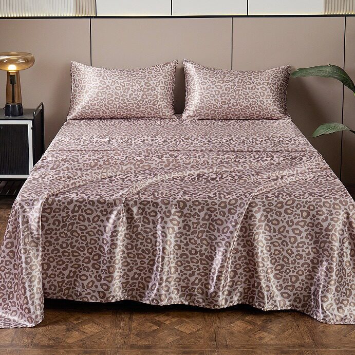 Foreign Trade Cross-Border Amazon Satin Imitation Silk Printed Bed Sheet, Fitted Sheet, Pillowcase Digital Print Leopard Print Four-Piece Set