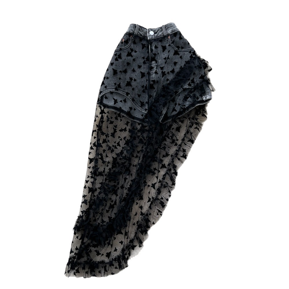 High Waist A Line Butterfly Print Mesh Midi Skirt for Women Sheer Paneling Elegant Office Wear
