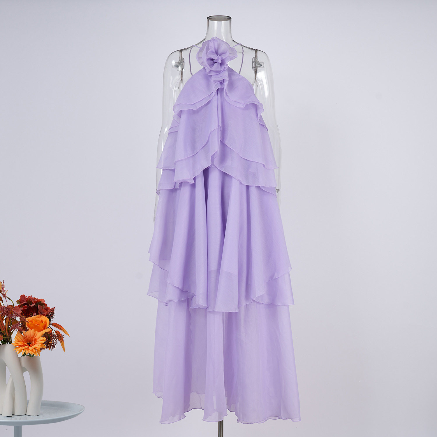 Backless Ruffle Hem Maxi Dress Elegant Floral Embellishments Vacation Style Wholesale Available