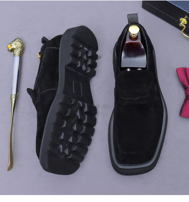 Giày loafer nam da bò lộn đế dày mũi vuông phong cách công sở — đen, màu nâu mocha