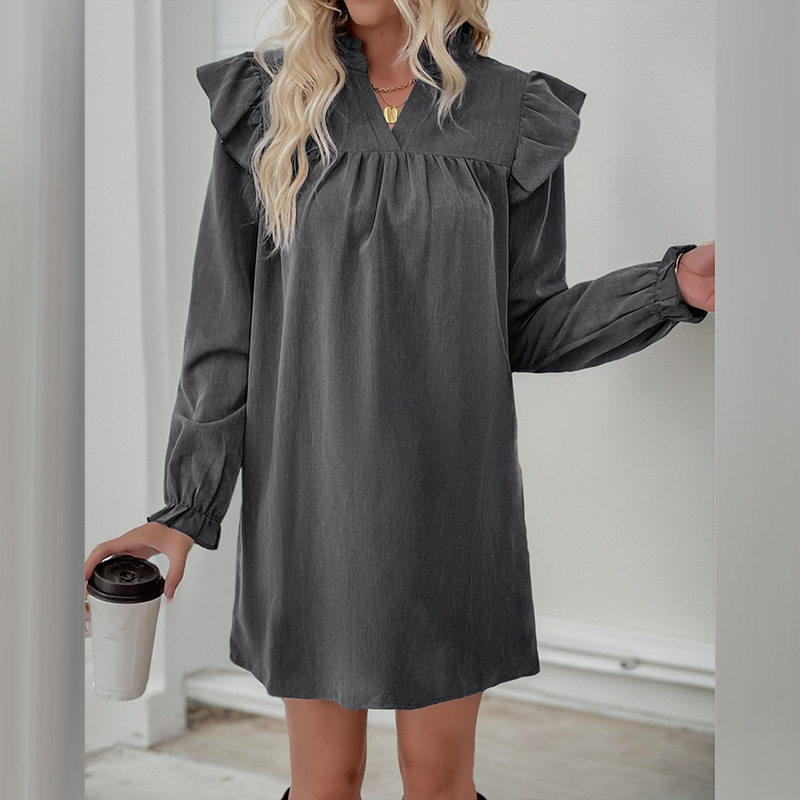 Long Sleeve Ruffle Hem Dress Loose Fit Solid Color Stand Collar Casual Wear Spring Fall Wholesale Available