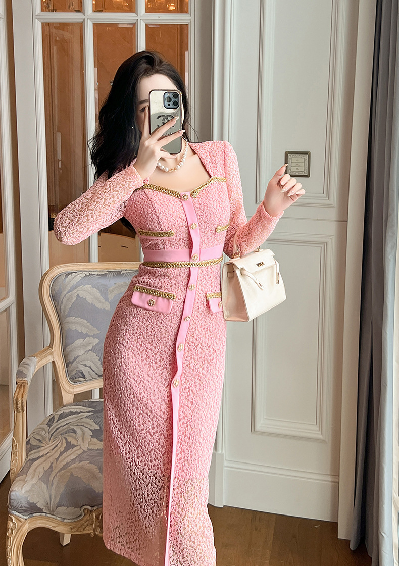 Đầm ren nữ cổ vuông dài tay phối dây xích ôm body thanh lịch — Hoa Anh Đào